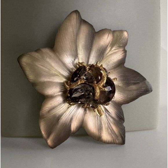 ALEXIS BITTAR Large Glowing Lucite Flower Brooch Signed Crystal Floral Brown - Picture 1 of 11